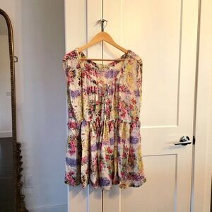 Vintage‎ 80s Floral Tunic Top Womens SMALL Pink White Garden Boho Tropical QUEST